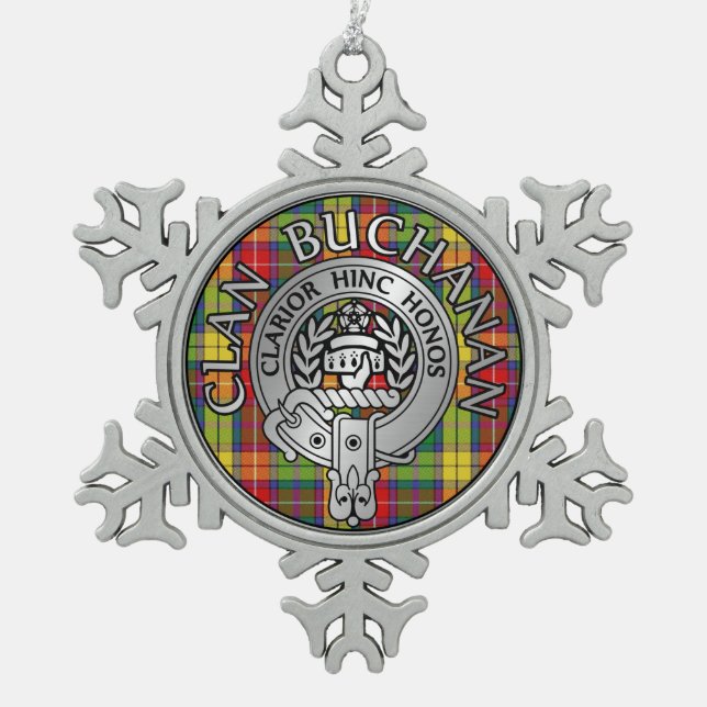 Clan Buchanan Crest & Tartan Snowflake Pewter Christmas Ornament (Front)