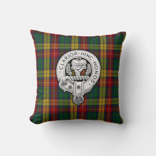 Clan Buchanan Crest & Tartan Throw Pillow (Front)