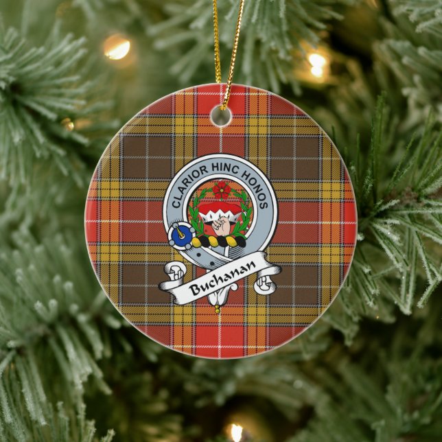 Clan Buchanan Old Set Weathered Badge Tartan Plaid Ceramic Ornament (Tree)