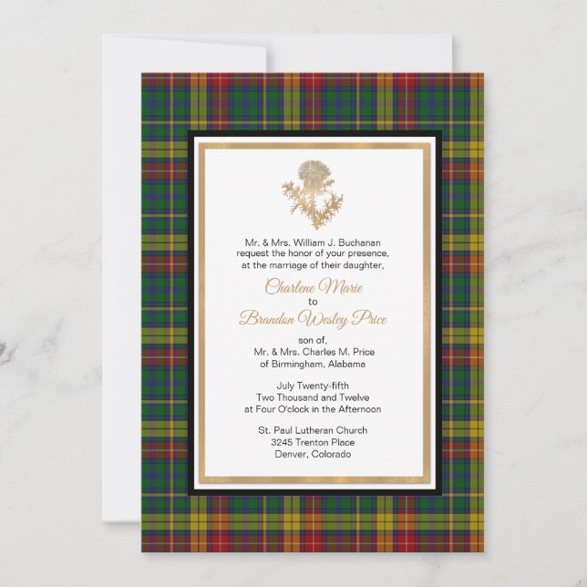 Clan Buchanan Plaid Thistle Wedding Invitation (Front)
