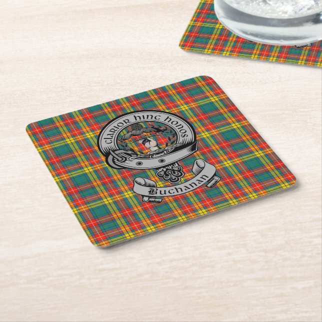 Clan Buchanan Tartan & Crest Square Paper Coaster (Angled)