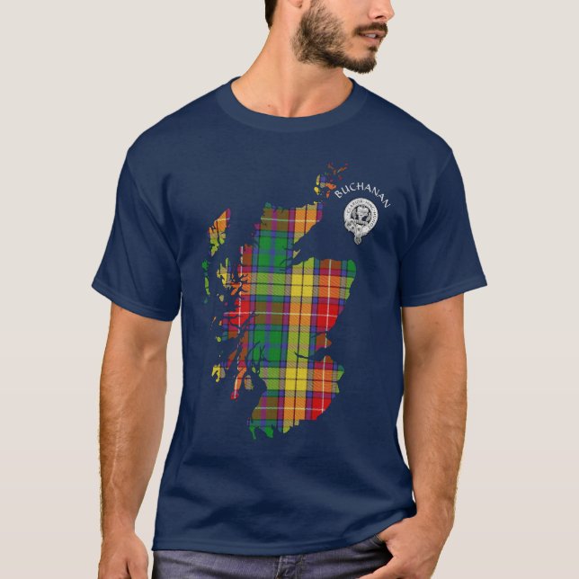 Clan Buchanan Tartan Map & Crest T-Shirt (Front)