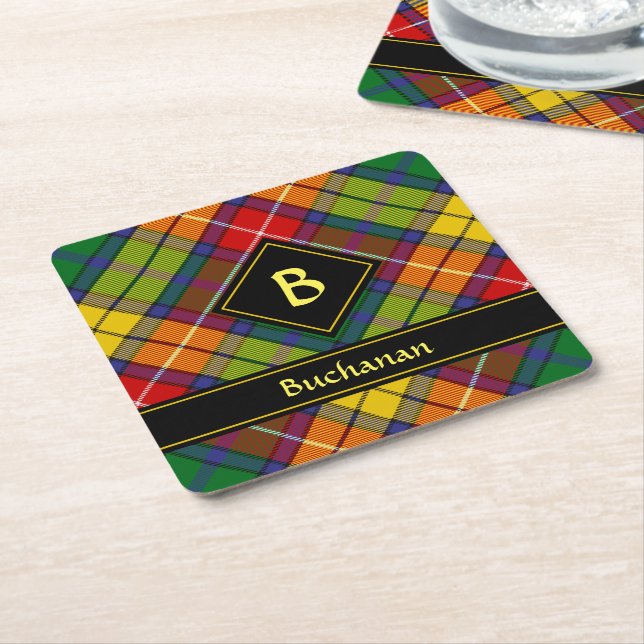 Clan Buchanan Tartan Square Paper Coaster (Angled)