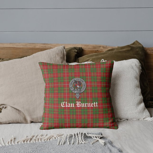 Clan Burnett Crest Badge & Tartan Throw Pillow (Creator Uploaded)