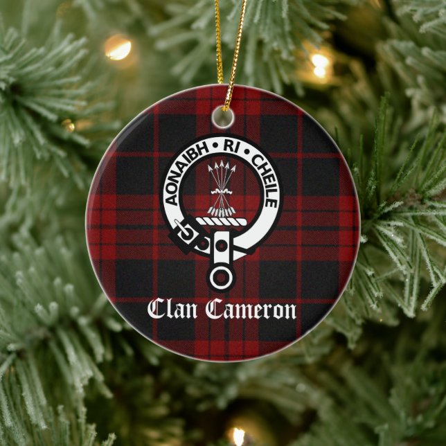 Clan Cameron Crest Badge and Tartan Ceramic Ornament (Tree)