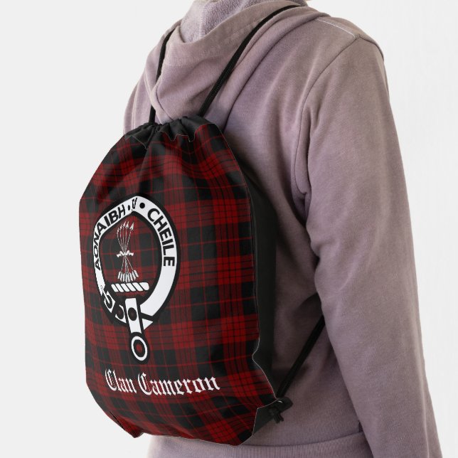 Clan Cameron Crest Badge and Tartan Customizable Drawstring Bag (Insitu)
