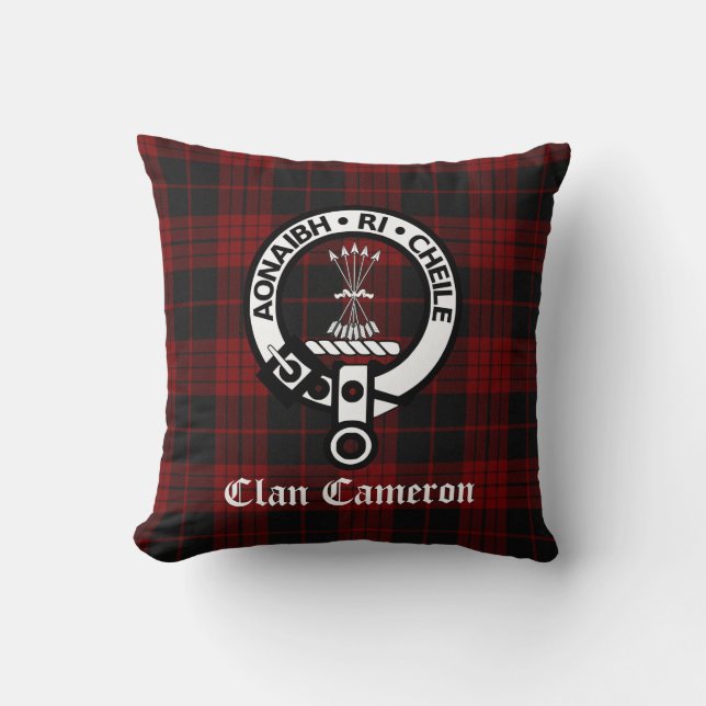 Clan Cameron Crest Badge and Tartan Throw Pillow (Front)