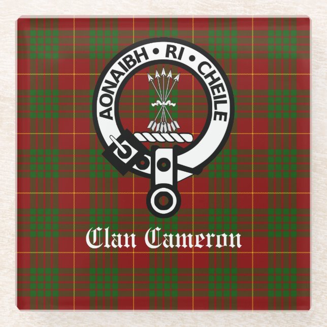 Clan Cameron Crest Badge & Tartan Customizable Glass Coaster (Front)