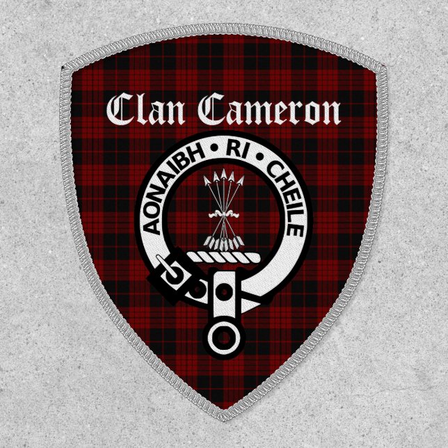 Clan Cameron Crest Badge & Tartan Iron On Patch (Front)