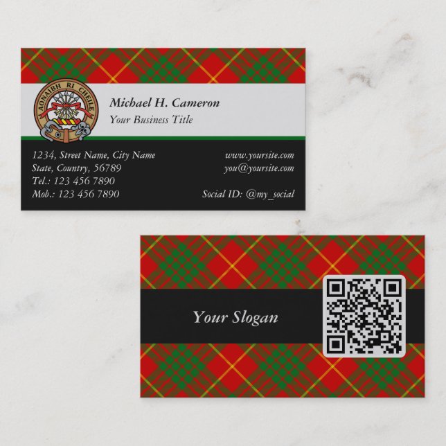 Clan Cameron Crest over Tartan Business Card (Front/Back)