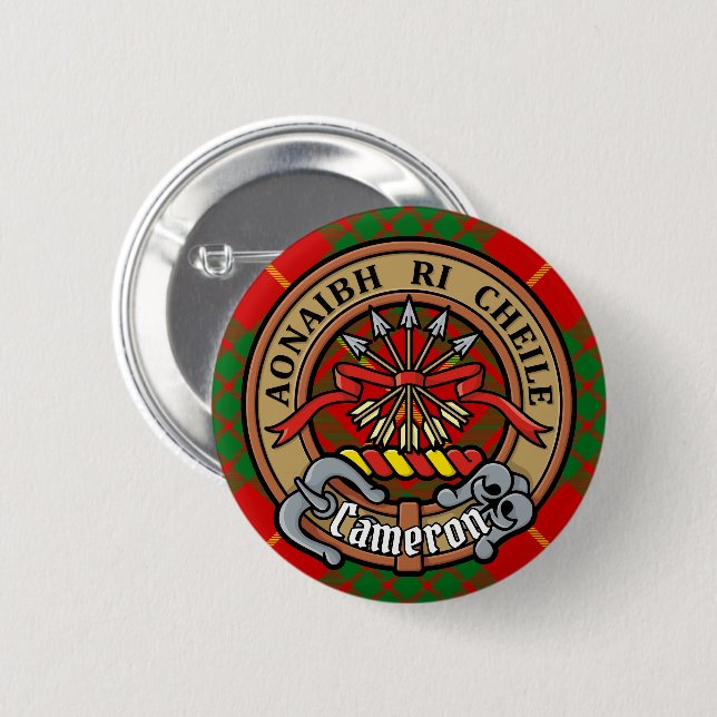Clan Cameron Crest over Tartan Button (Front & Back)