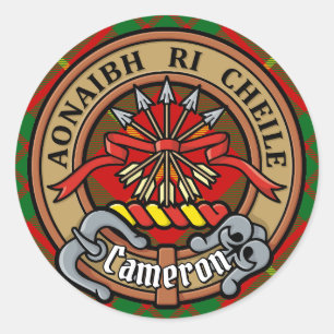 Clan Cameron Crest over Tartan Classic Round Sticker