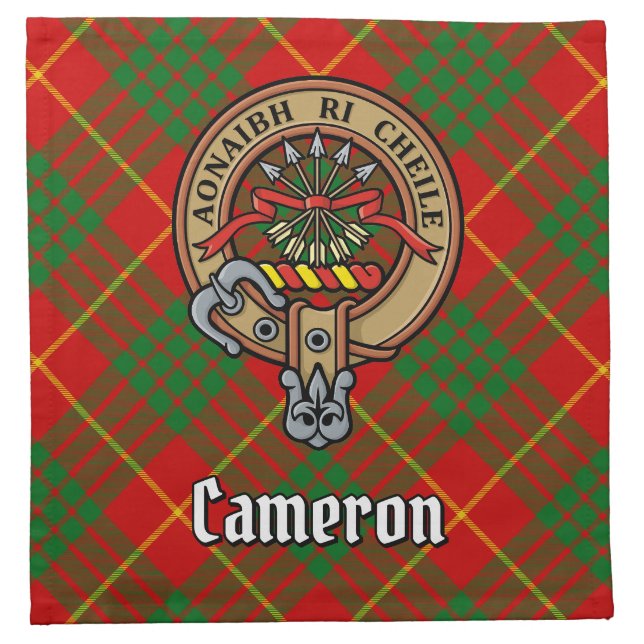 Clan Cameron Crest over Tartan Cloth Napkin (Front)
