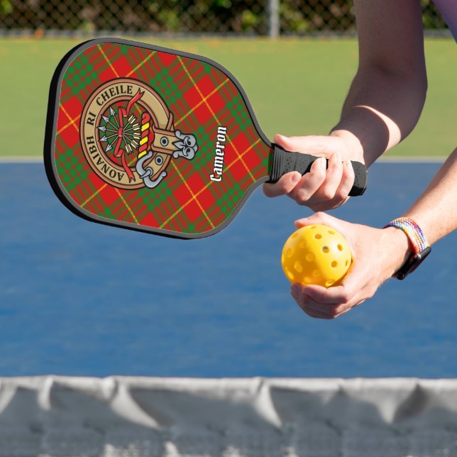 Clan Cameron Crest over Tartan Pickleball Paddle (Insitu)