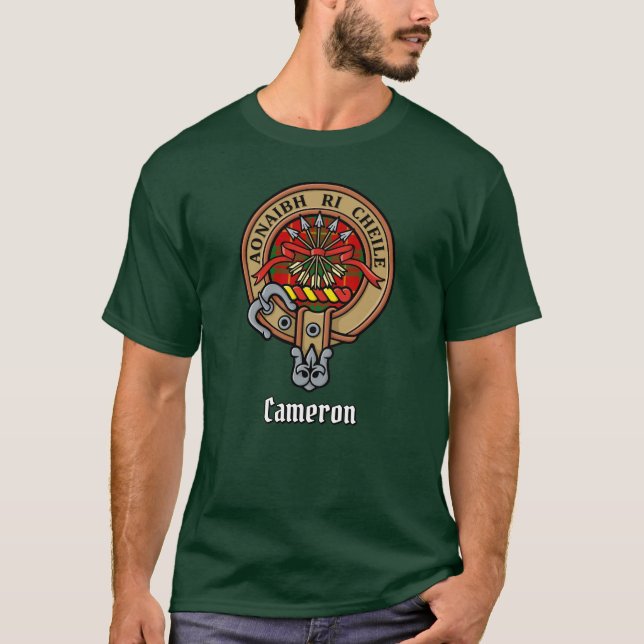 Clan Cameron Crest over Tartan T-Shirt (Front)