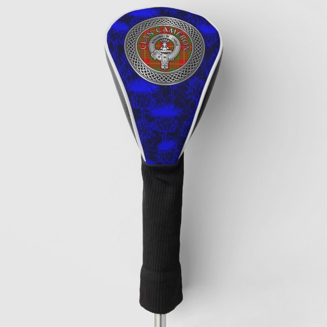 Clan Cameron Crest & Tartan Knot on Thistle Golf Head Cover (Front)