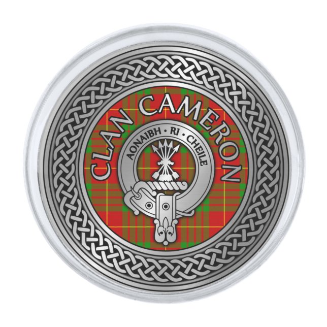 Clan Cameron Crest & Tartan Knot Silver Finish Lapel Pin (Front)
