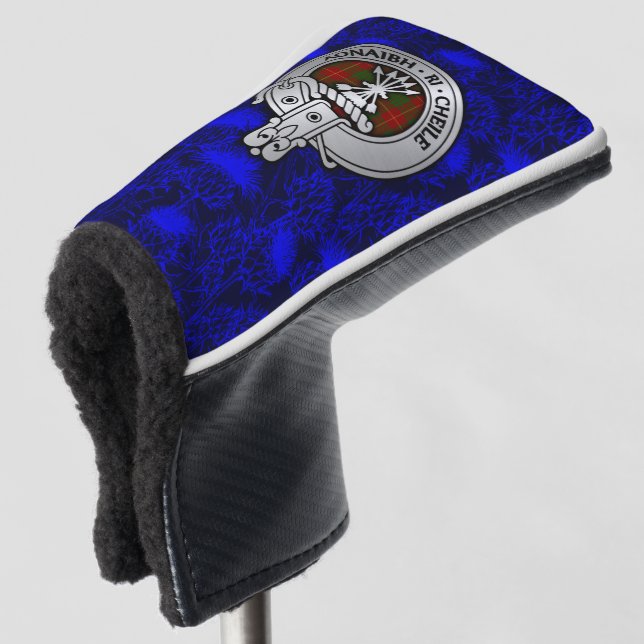 Clan Cameron Crest & Tartan on Thistle Golf Head Cover (3/4 Front)