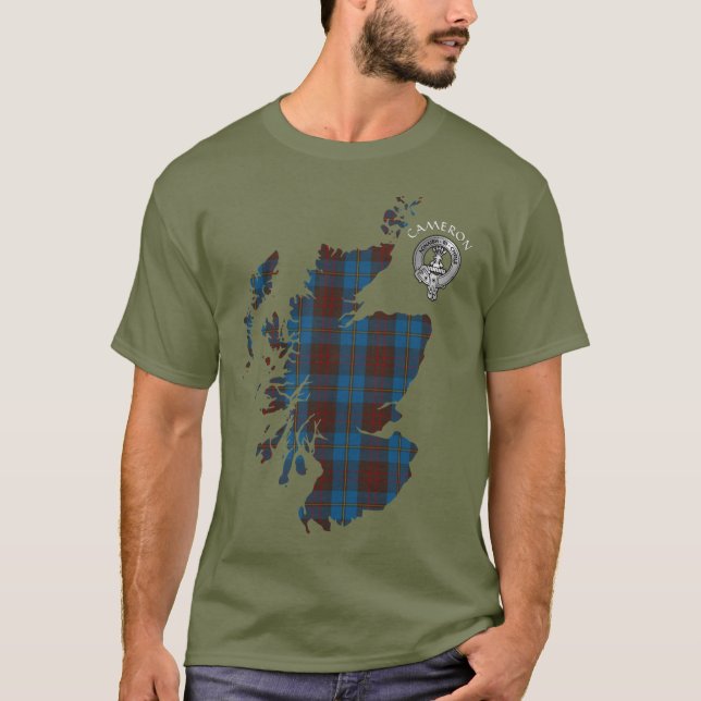 Clan Cameron Hunting Tartan Map & Crest T-Shirt (Front)