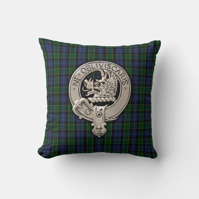 Clan Campbell Crest & Breadalbane Tartan Throw Pillow (Front)