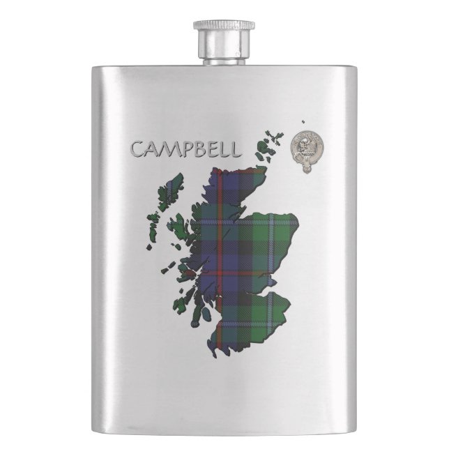 Clan Campbell Crest & Cawdor Tartan Map Flask (Front)