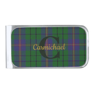 Clan Carmichael Plaid Monogrammed Silver Finish Money Clip