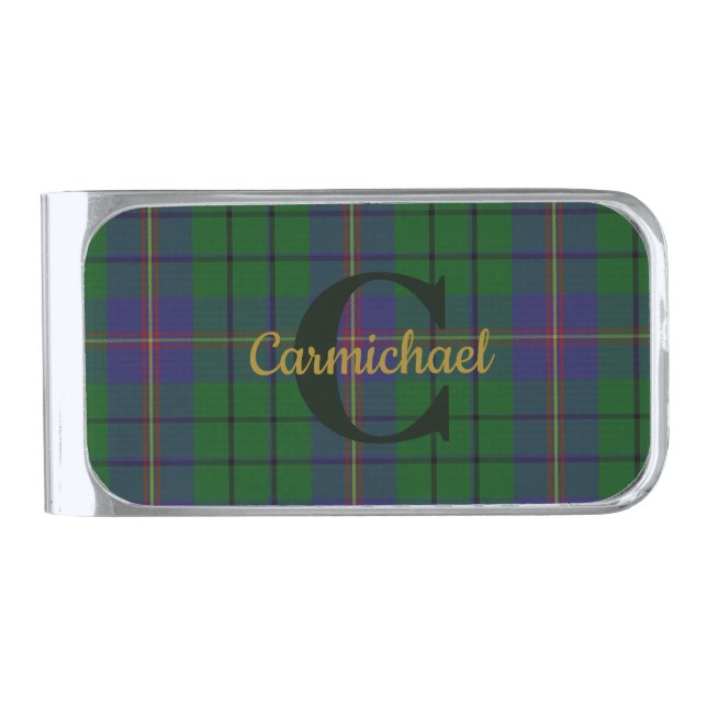 Clan Carmichael Plaid Monogrammed Silver Finish Money Clip (Front)