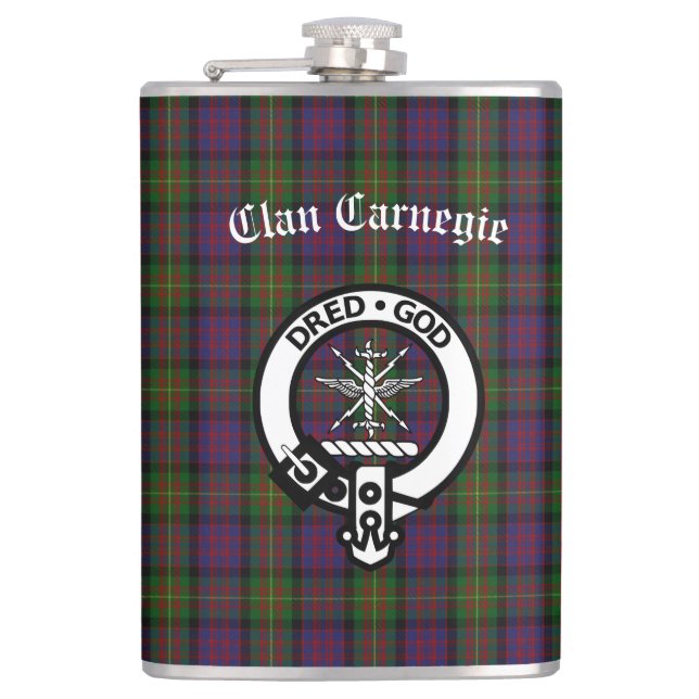 Clan Carnegie Crest Badge and Tartan  Flask (Front)