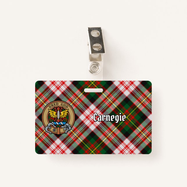 Clan Carnegie Crest over Dress Tartan Badge (Front with Clip)
