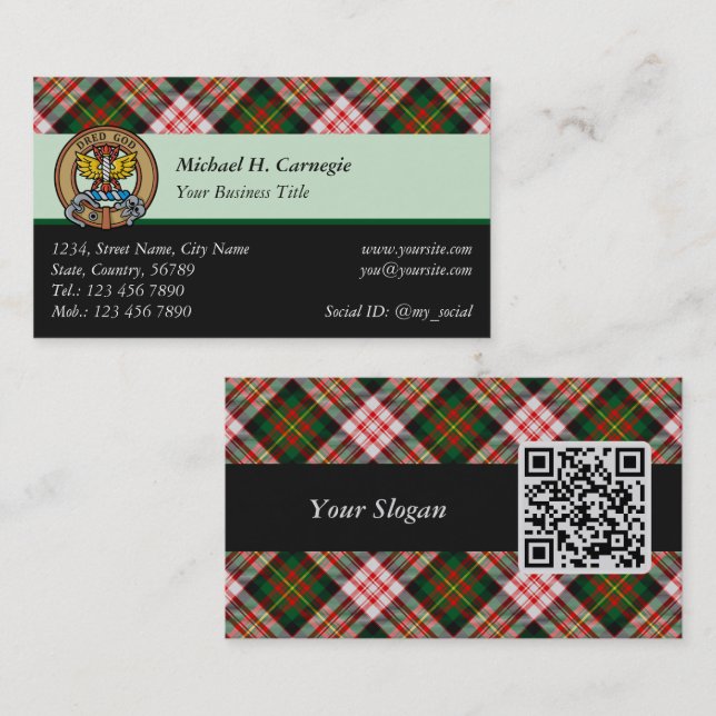 Clan Carnegie Crest over Dress Tartan Business Card (Front/Back)