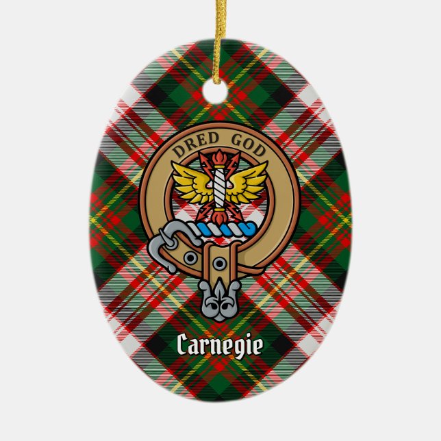 Clan Carnegie Crest over Dress Tartan Ceramic Ornament (Front)