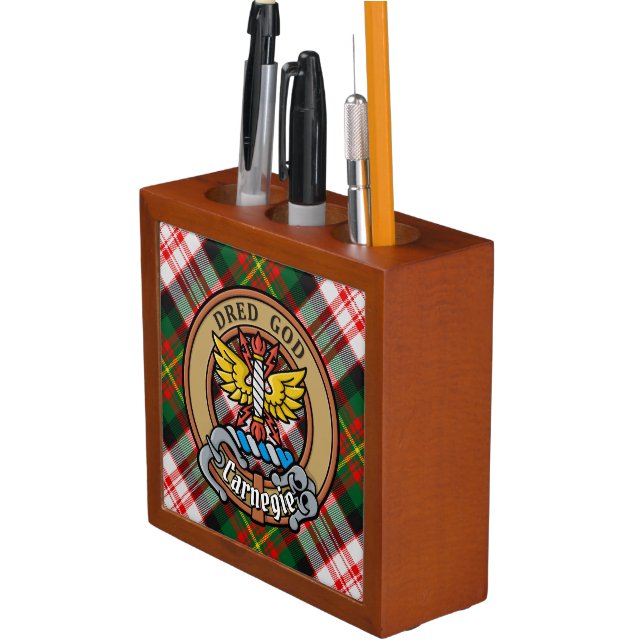 Clan Carnegie Crest over Dress Tartan Desk Organizer (In Situ)