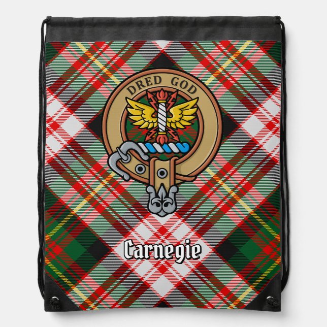Clan Carnegie Crest over Dress Tartan Drawstring Bag (Front)