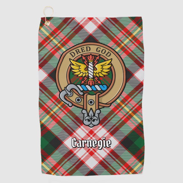 Clan Carnegie Crest over Dress Tartan Golf Towel (Front)