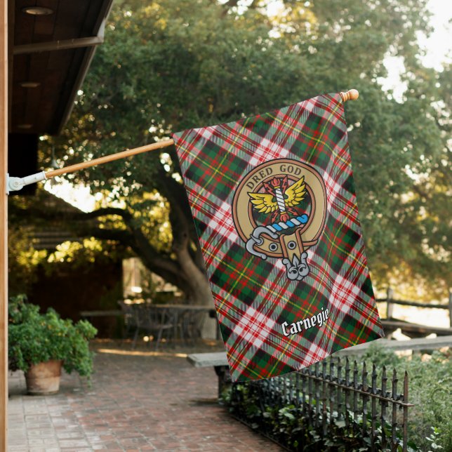 Clan Carnegie Crest over Dress Tartan House Flag (In SItu)