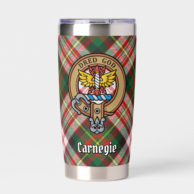 Clan Carnegie Crest over Dress Tartan Insulated Tumbler (Front)