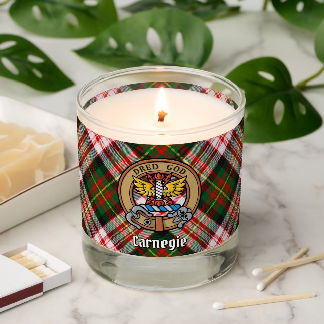 Clan Carnegie Crest over Dress Tartan Scented Candle (Lit)