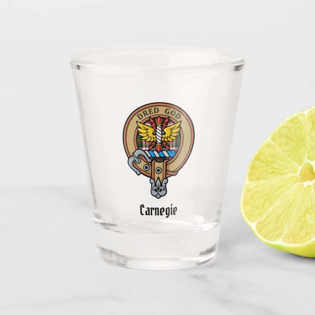 Clan Carnegie Crest over Dress Tartan Shot Glass (Front)