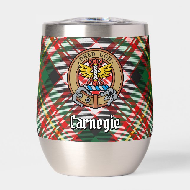 Clan Carnegie Crest over Dress Tartan Thermal Wine Tumbler (Front)