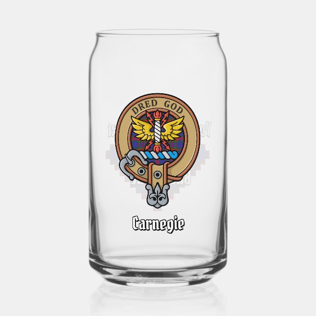 Clan Carnegie Crest over Tartan Can Glass (Front)