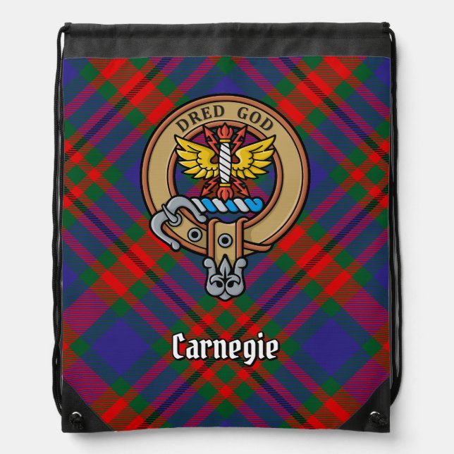 Clan Carnegie Crest over Tartan Drawstring Bag (Front)