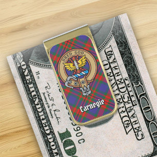 Clan Carnegie Crest over Tartan Gold Finish Money Clip