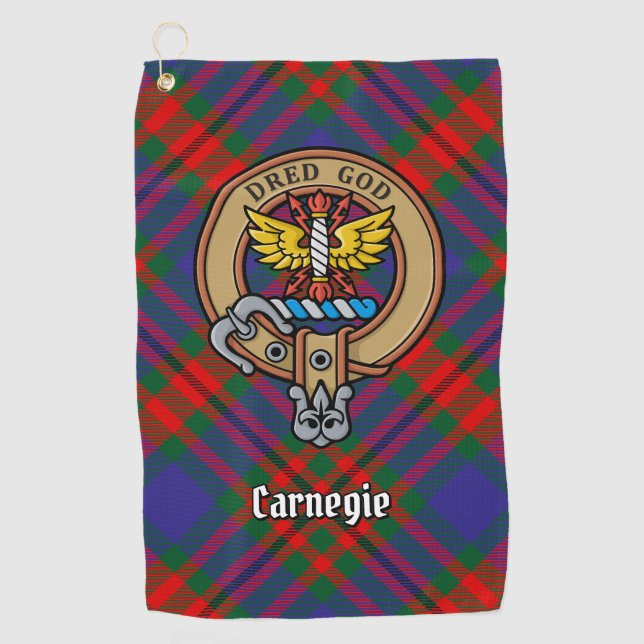 Clan Carnegie Crest over Tartan Golf Towel (Front)