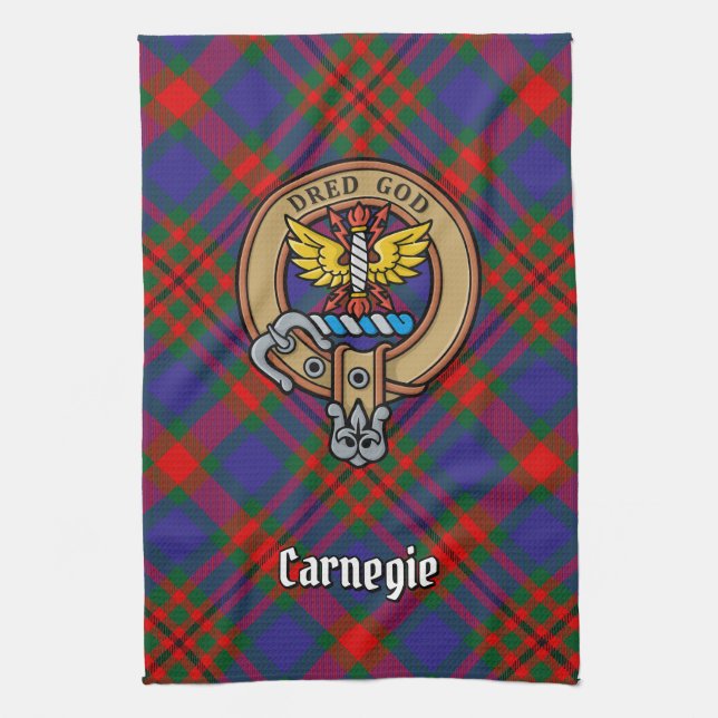 Clan Carnegie Crest over Tartan Kitchen Towel (Vertical)