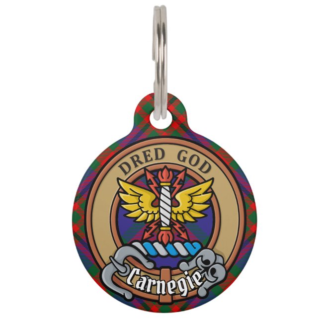Clan Carnegie Crest over Tartan Pet ID Tag (Front)