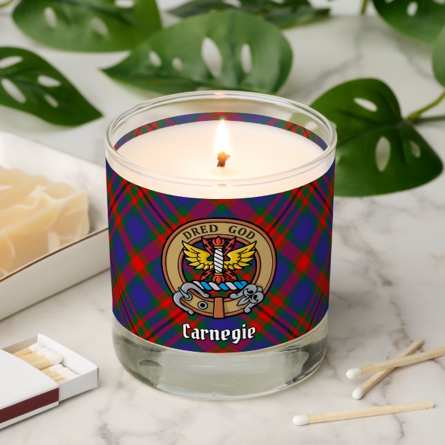 Clan Carnegie Crest over Tartan Scented Candle (Lit)