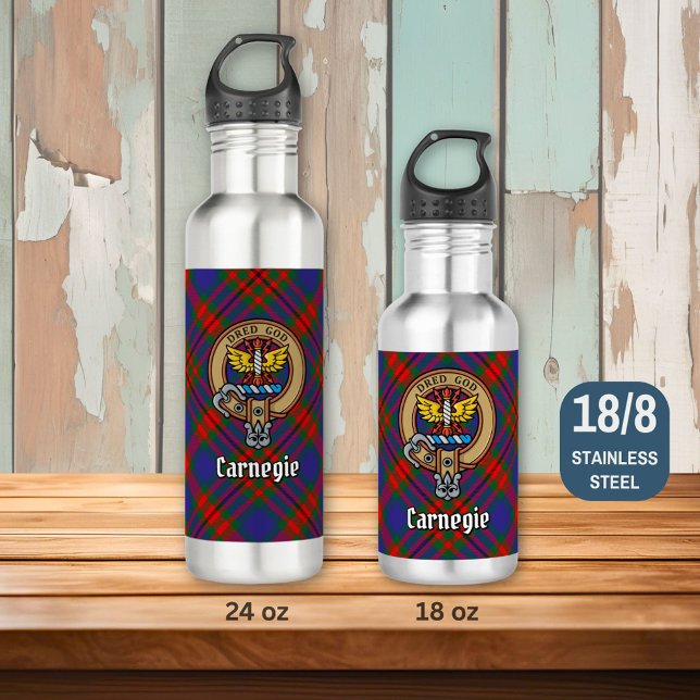 Clan Carnegie Crest over Tartan Stainless Steel Water Bottle (Creator Uploaded)
