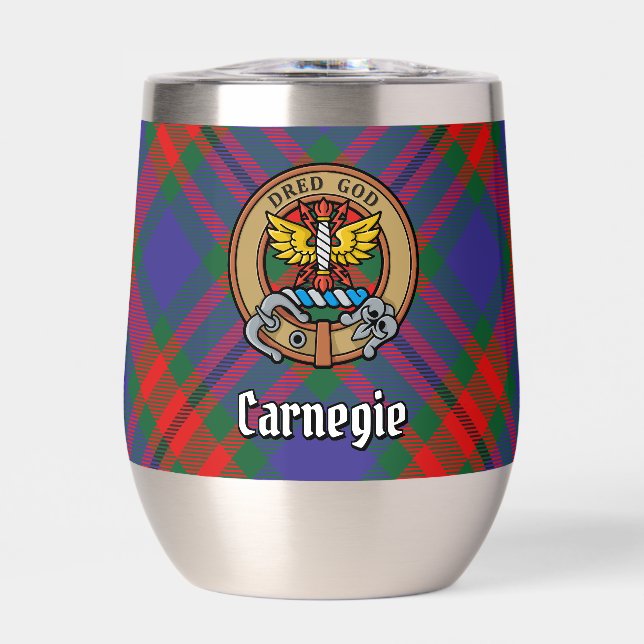 Clan Carnegie Crest over Tartan Thermal Wine Tumbler (Front)