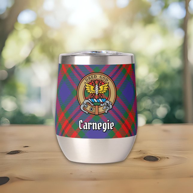 Clan Carnegie Crest over Tartan Thermal Wine Tumbler (Creator Uploaded)