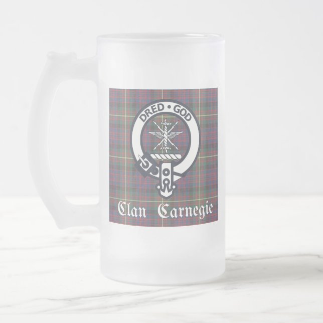Clan Carnegie Crest Tartan Frosted Glass Beer Mug (Left)